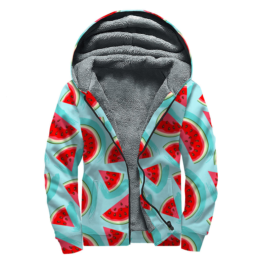 Blue Watermelon Pieces Pattern Print Sherpa Lined Zip Up Hoodie