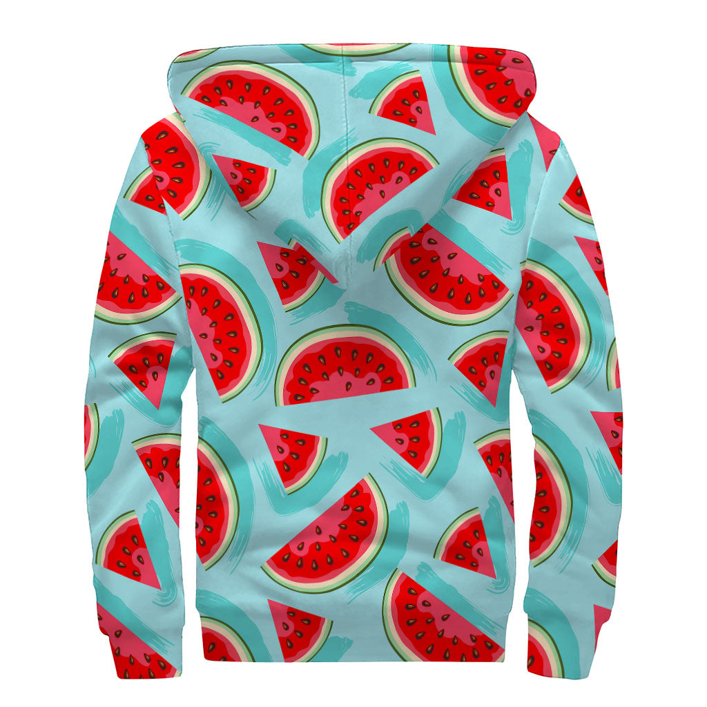 Blue Watermelon Pieces Pattern Print Sherpa Lined Zip Up Hoodie