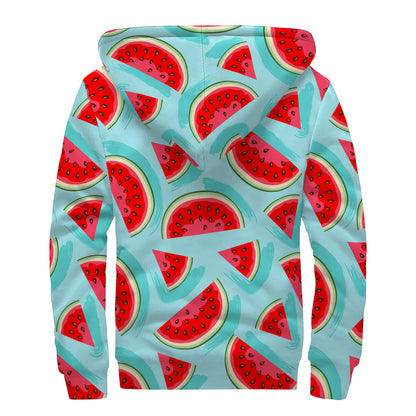 Blue Watermelon Pieces Pattern Print Sherpa Lined Zip Up Hoodie