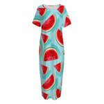 Blue Watermelon Pieces Pattern Print Short Sleeve Long Nightdress