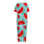 Blue Watermelon Pieces Pattern Print Short Sleeve Long Nightdress