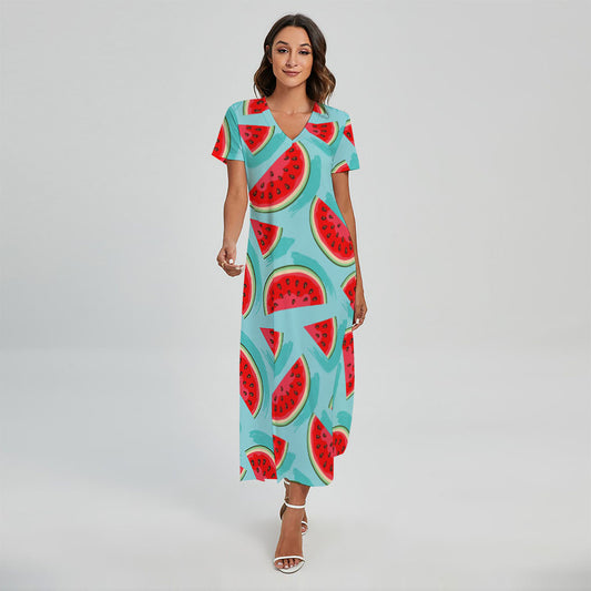 Blue Watermelon Pieces Pattern Print Short Sleeve Maxi Dress