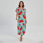 Blue Watermelon Pieces Pattern Print Short Sleeve Maxi Dress