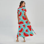 Blue Watermelon Pieces Pattern Print Short Sleeve Maxi Dress