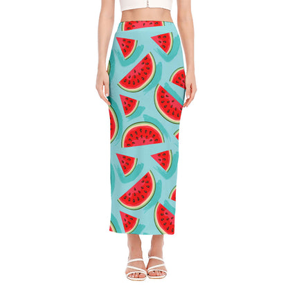 Blue Watermelon Pieces Pattern Print Side Slit Maxi Skirt