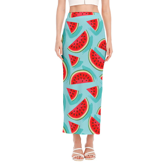 Blue Watermelon Pieces Pattern Print Side Slit Maxi Skirt