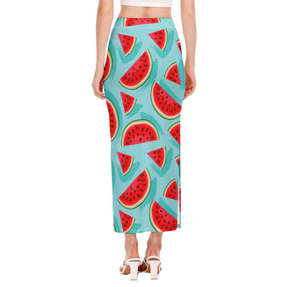 Blue Watermelon Pieces Pattern Print Side Slit Maxi Skirt