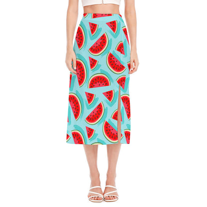 Blue Watermelon Pieces Pattern Print Side Slit Midi Skirt