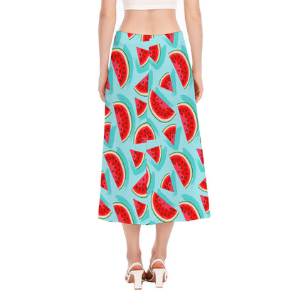 Blue Watermelon Pieces Pattern Print Side Slit Midi Skirt