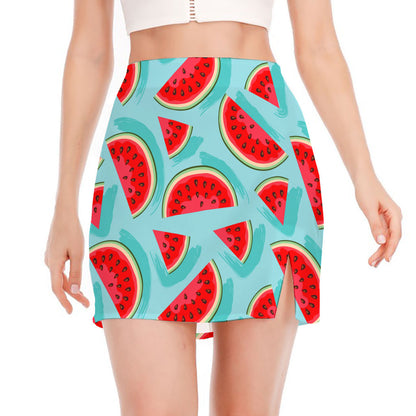 Blue Watermelon Pieces Pattern Print Side Slit Mini Skirt
