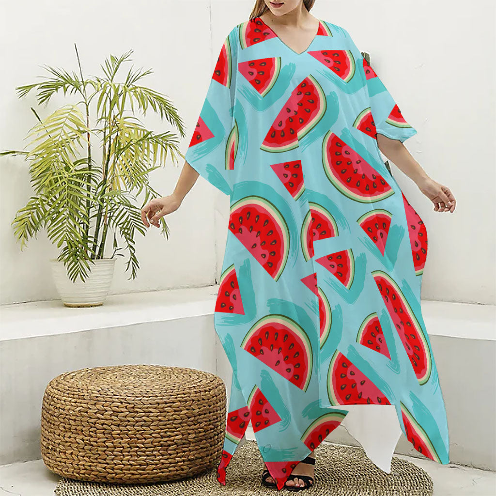 Blue Watermelon Pieces Pattern Print Silk V-Neck Kaftan Dress