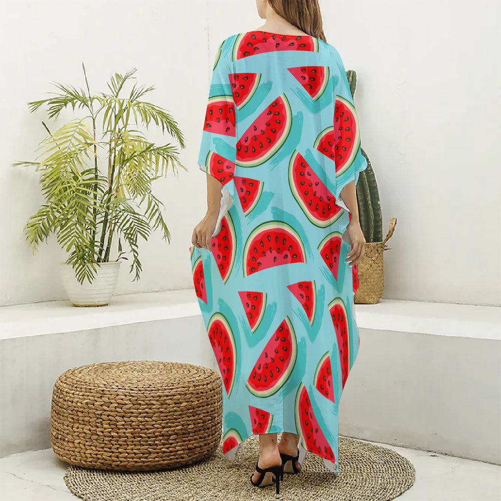 Blue Watermelon Pieces Pattern Print Silk V-Neck Kaftan Dress