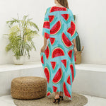 Blue Watermelon Pieces Pattern Print Silk V-Neck Kaftan Dress