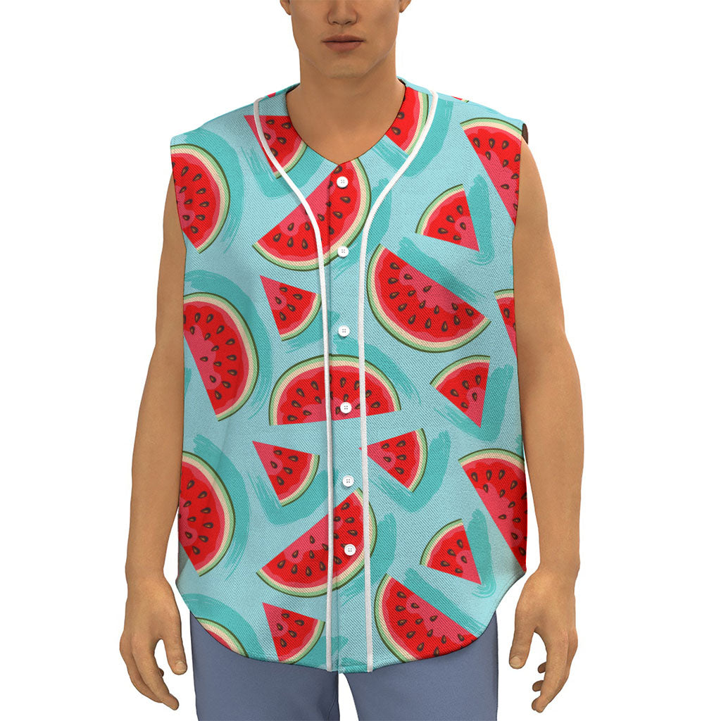 Blue Watermelon Pieces Pattern Print Sleeveless Baseball Jersey