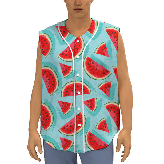 Blue Watermelon Pieces Pattern Print Sleeveless Baseball Jersey