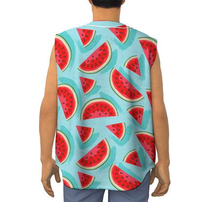 Blue Watermelon Pieces Pattern Print Sleeveless Baseball Jersey
