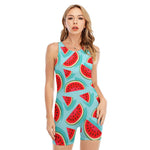 Blue Watermelon Pieces Pattern Print Sleeveless One Piece Swimsuit