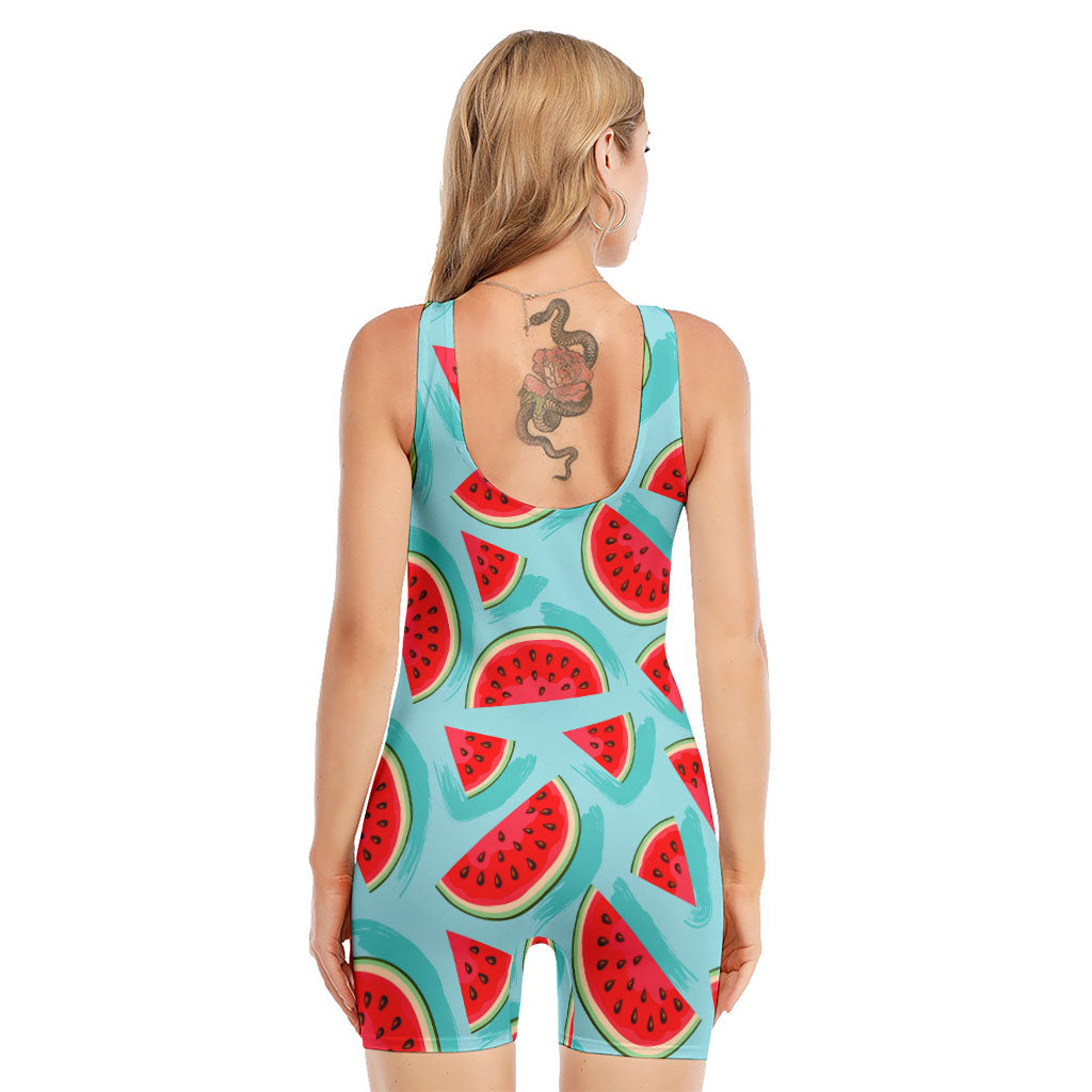 Blue Watermelon Pieces Pattern Print Sleeveless One Piece Swimsuit