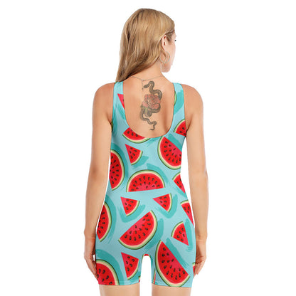 Blue Watermelon Pieces Pattern Print Sleeveless One Piece Swimsuit