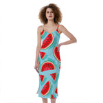 Blue Watermelon Pieces Pattern Print Slim Fit Midi Cami Dress