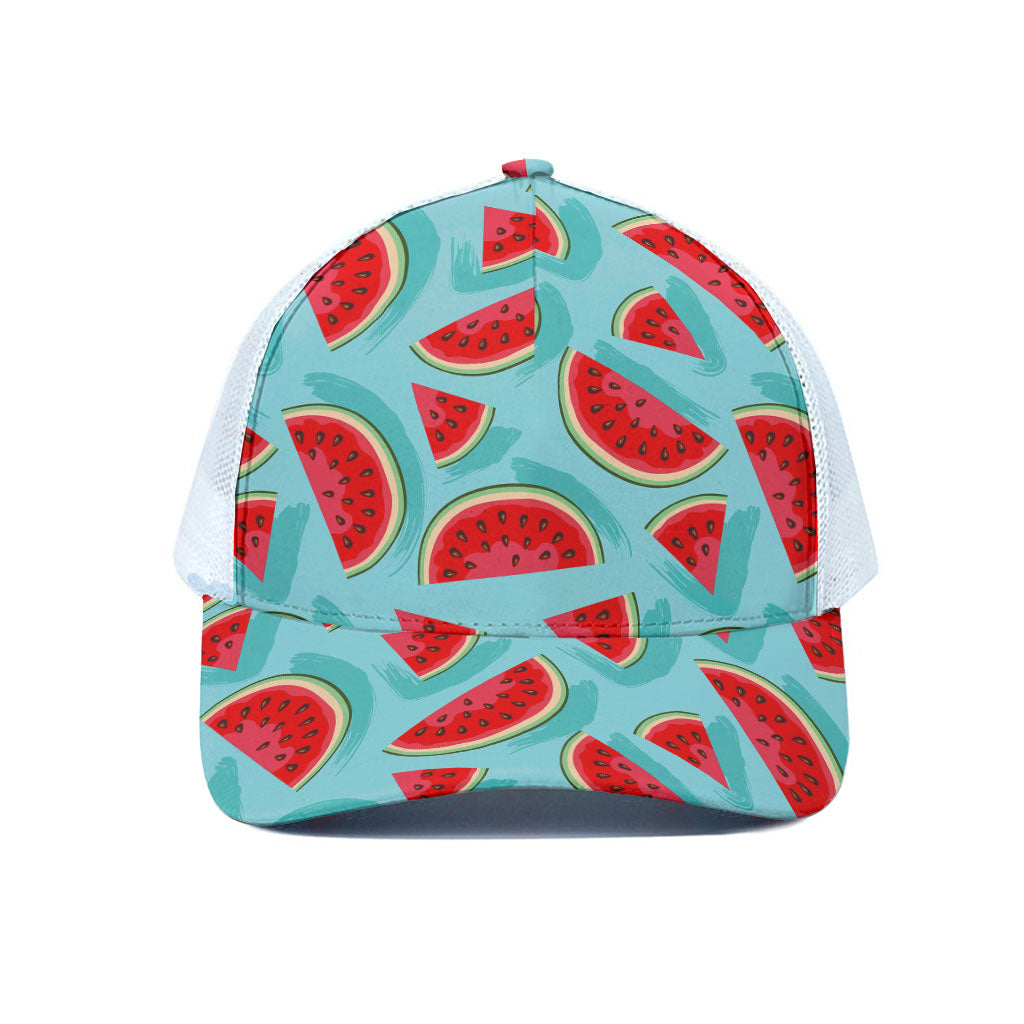 Blue Watermelon Pieces Pattern Print White Mesh Trucker Cap