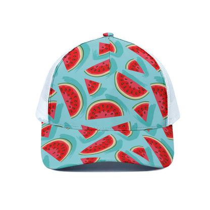 Blue Watermelon Pieces Pattern Print White Mesh Trucker Cap