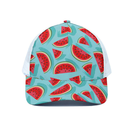 Blue Watermelon Pieces Pattern Print White Mesh Trucker Cap