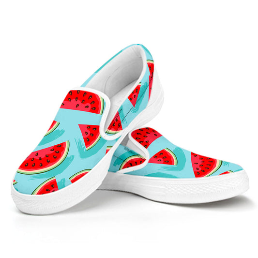Blue Watermelon Pieces Pattern Print White Slip On Sneakers