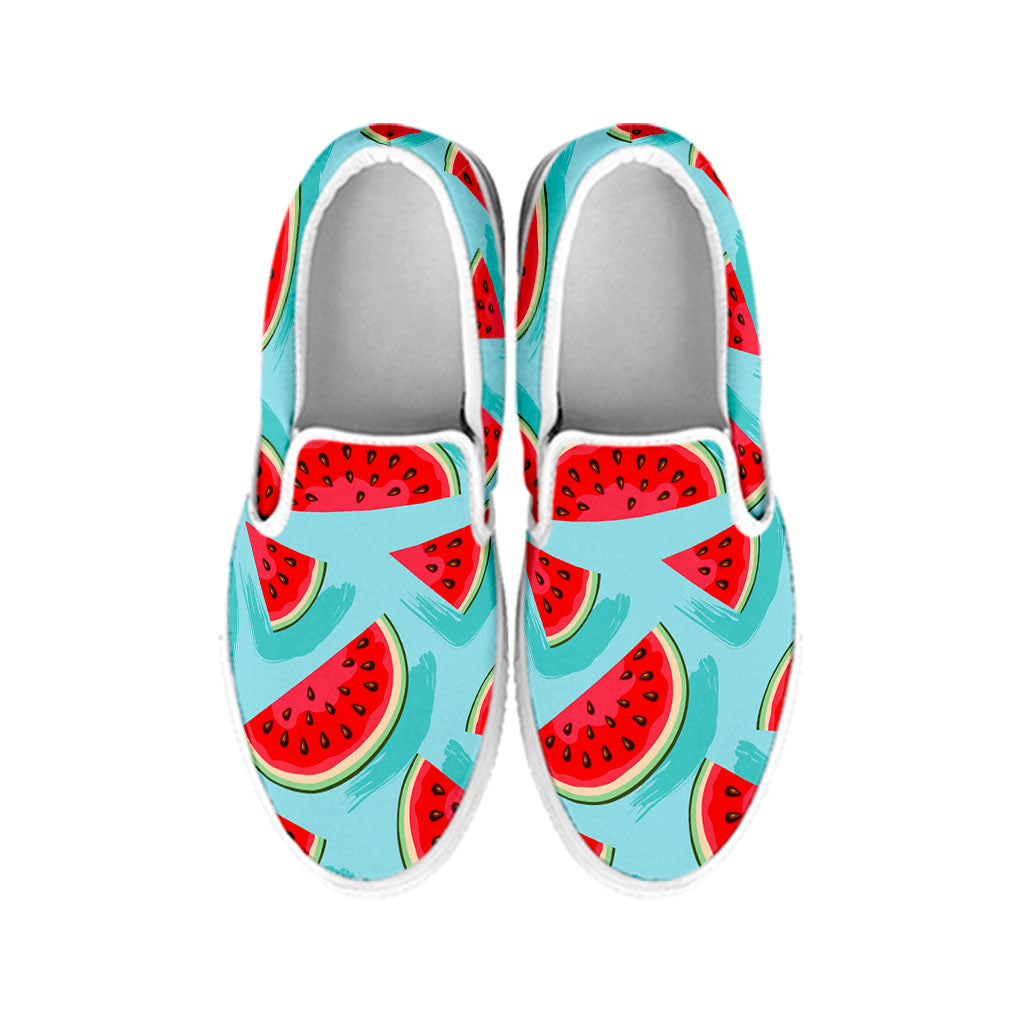 Blue Watermelon Pieces Pattern Print White Slip On Sneakers