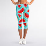Blue Watermelon Pieces Pattern Print Women's Capri Leggings