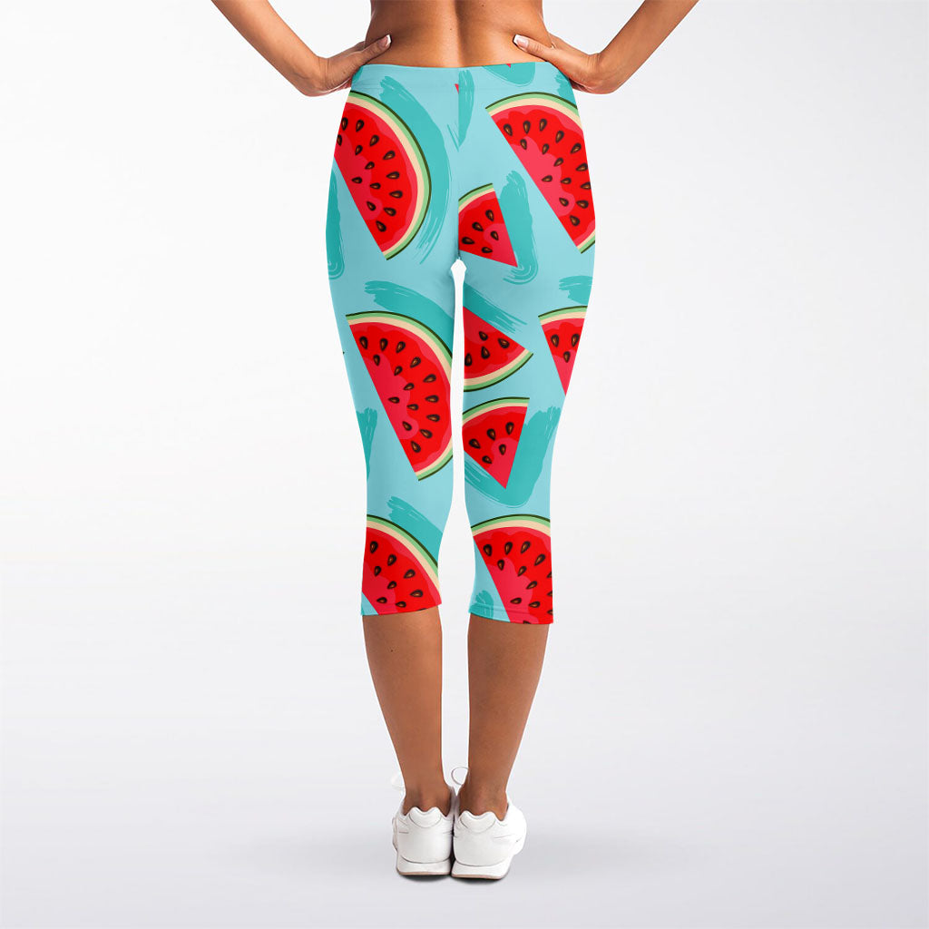 Blue Watermelon Pieces Pattern Print Women's Capri Leggings