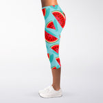 Blue Watermelon Pieces Pattern Print Women's Capri Leggings
