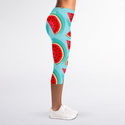 Blue Watermelon Pieces Pattern Print Women's Capri Leggings