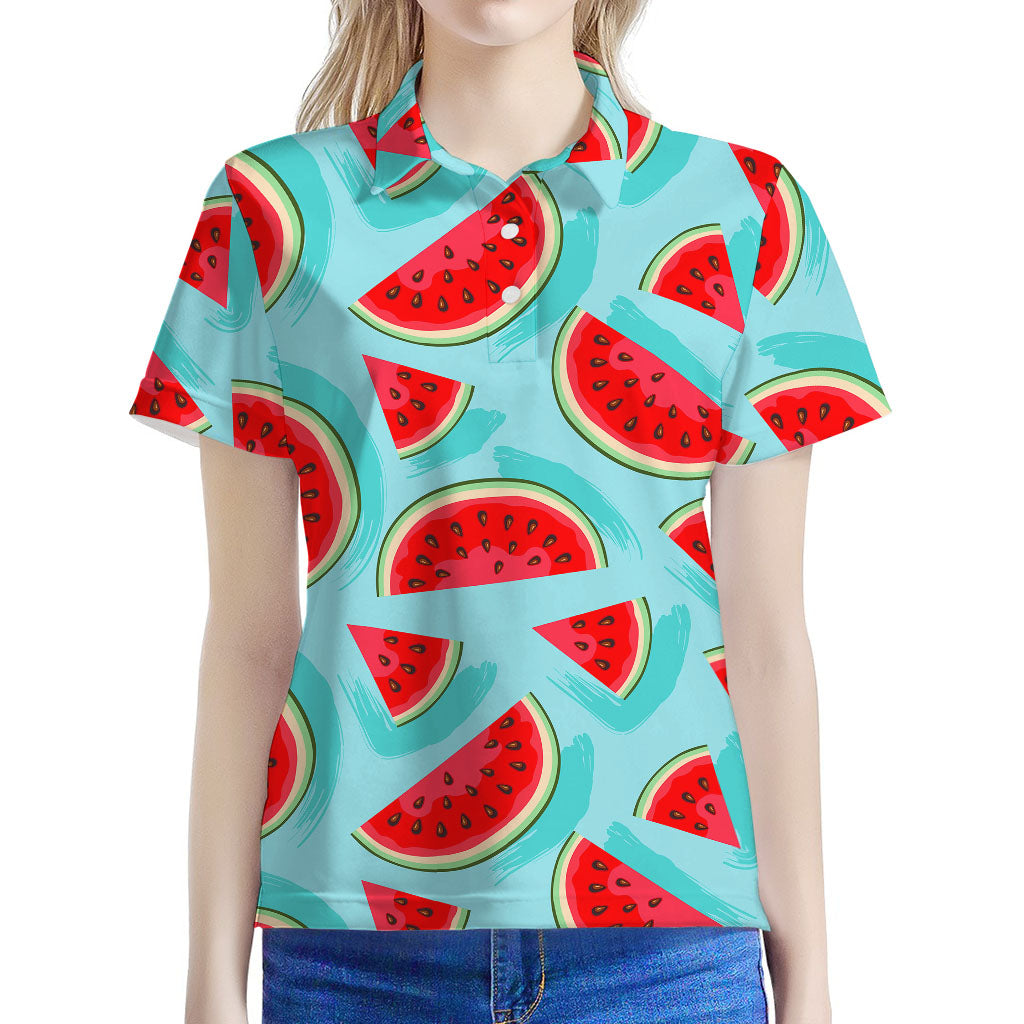 Blue Watermelon Pieces Pattern Print Women's Polo Shirt