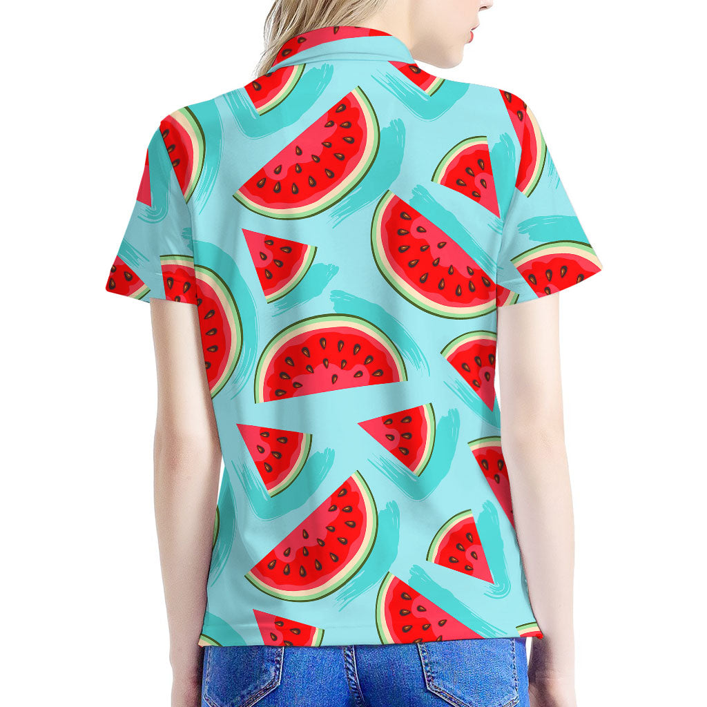 Blue Watermelon Pieces Pattern Print Women's Polo Shirt