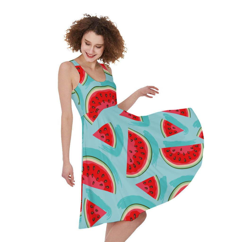 Blue Watermelon Pieces Pattern Print Women's Sleeveless Dress