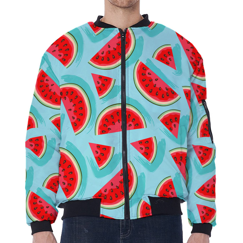 Blue Watermelon Pieces Pattern Print Zip Sleeve Bomber Jacket