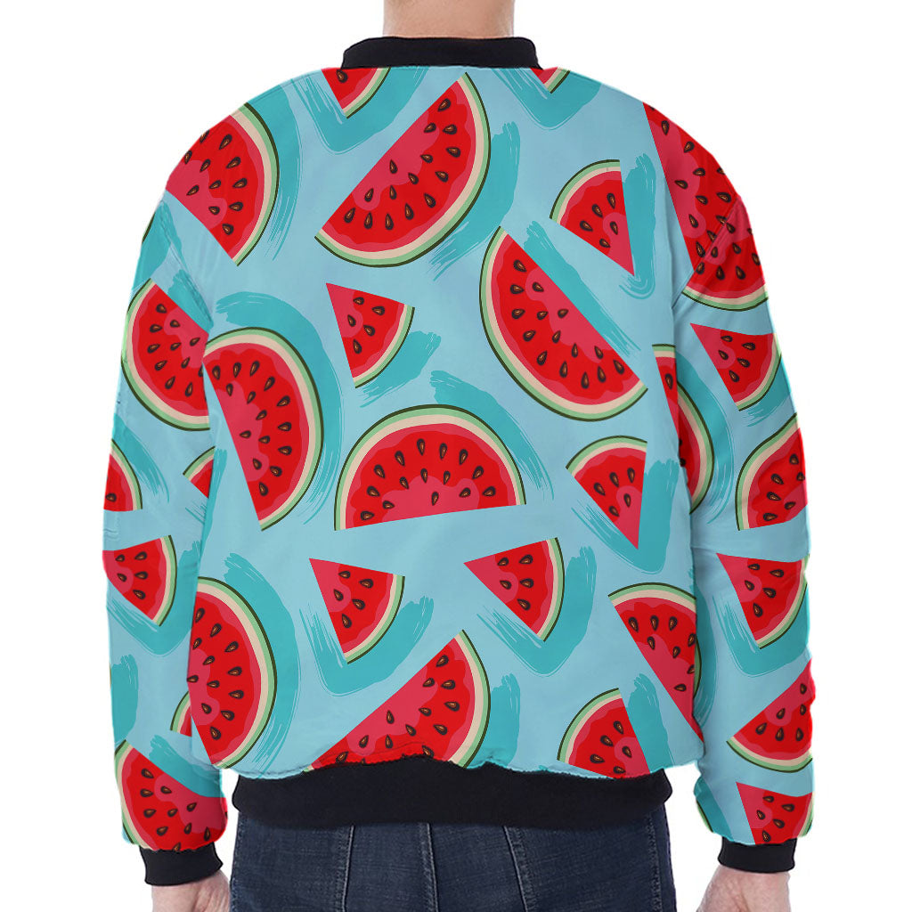 Blue Watermelon Pieces Pattern Print Zip Sleeve Bomber Jacket