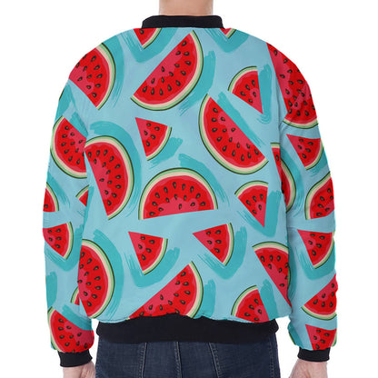 Blue Watermelon Pieces Pattern Print Zip Sleeve Bomber Jacket