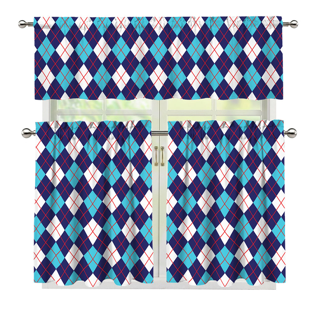 Blue White And Red Argyle Pattern Print 3 Piece Kitchen Curtains