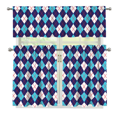 Blue White And Red Argyle Pattern Print 3 Piece Kitchen Curtains