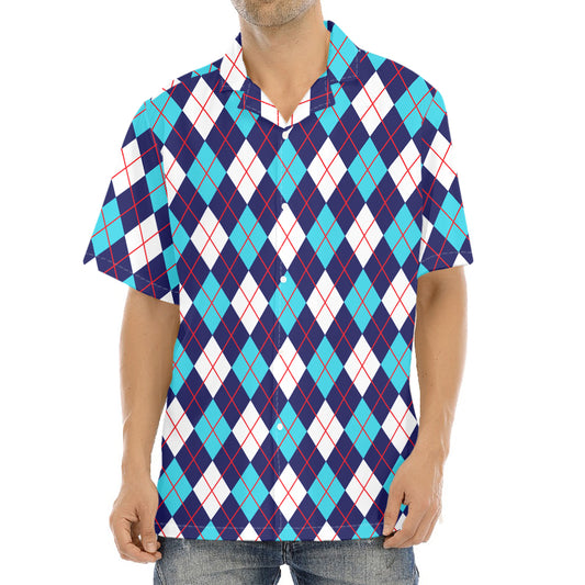 Blue White And Red Argyle Pattern Print Aloha Shirt