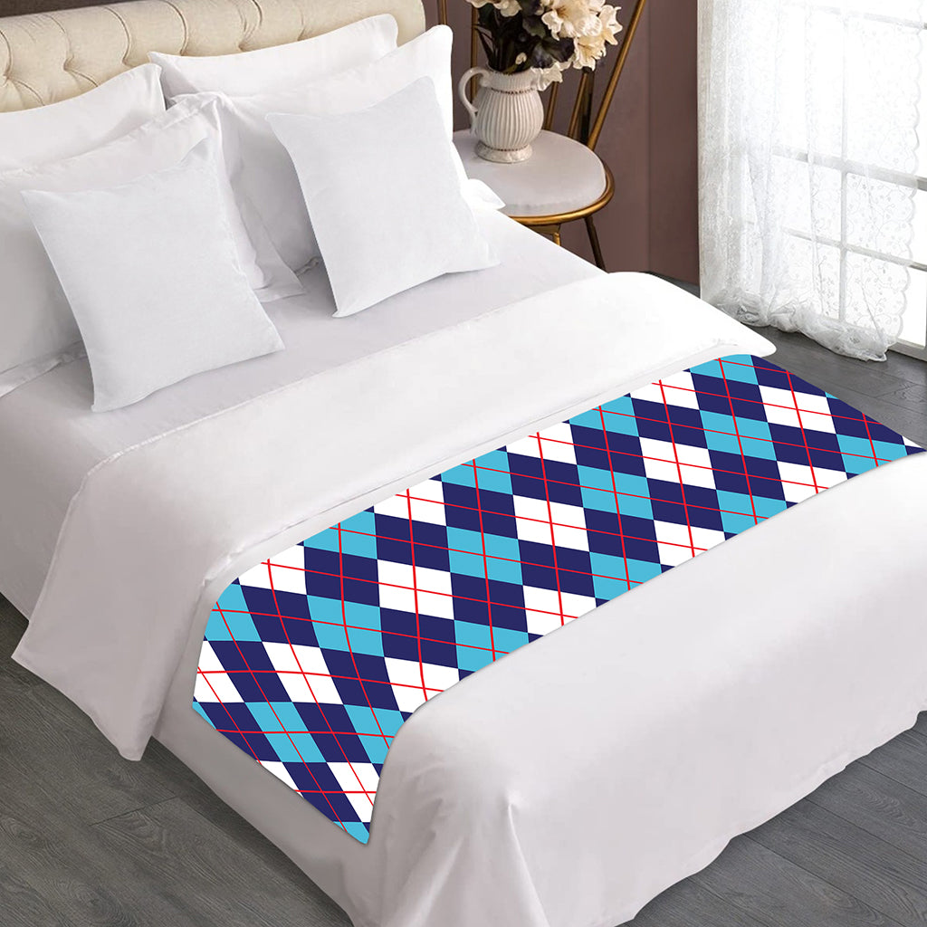 Blue White And Red Argyle Pattern Print Bed Runner