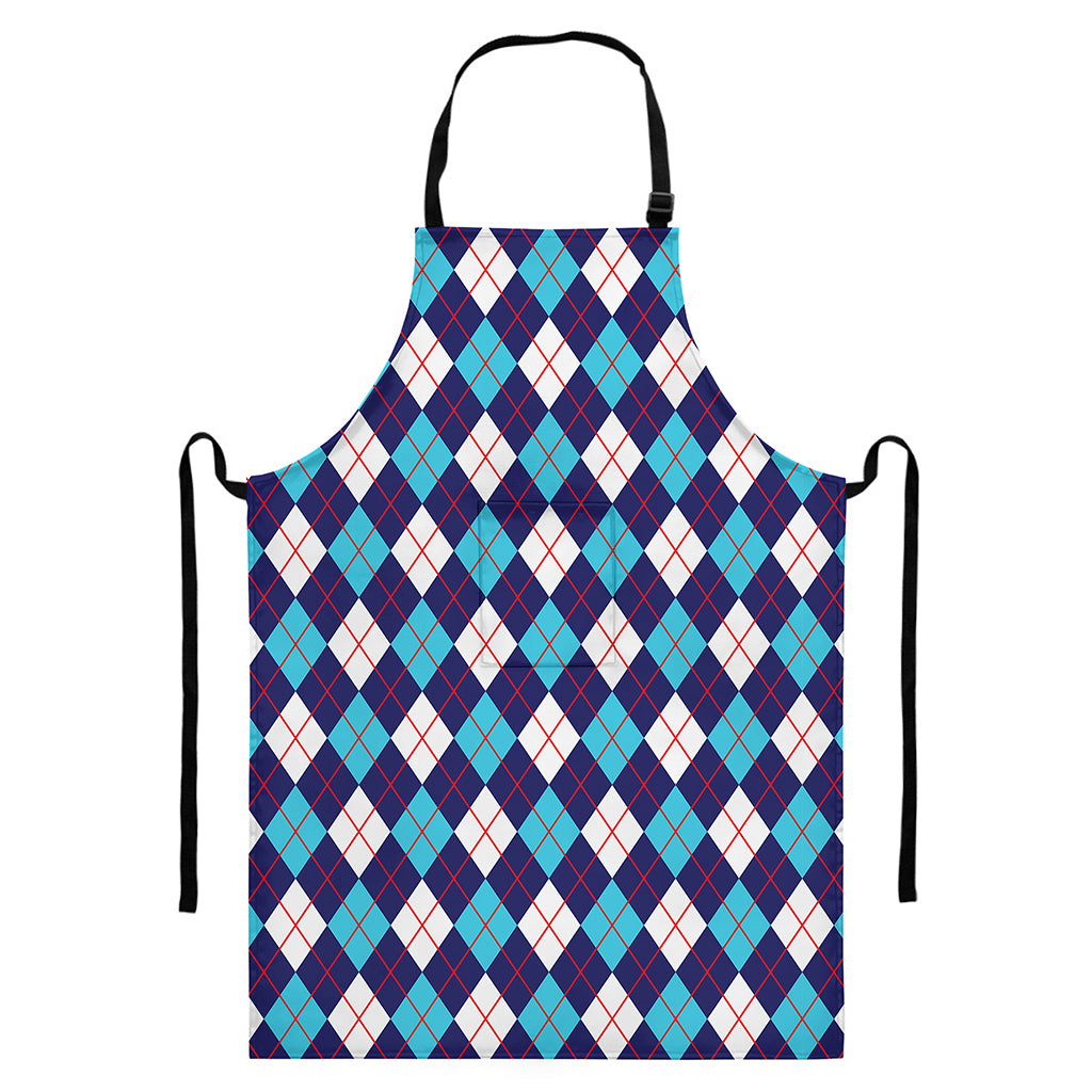 Blue White And Red Argyle Pattern Print Bib Apron With Pocket