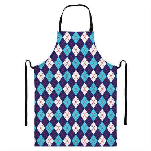 Blue White And Red Argyle Pattern Print Bib Apron With Pocket