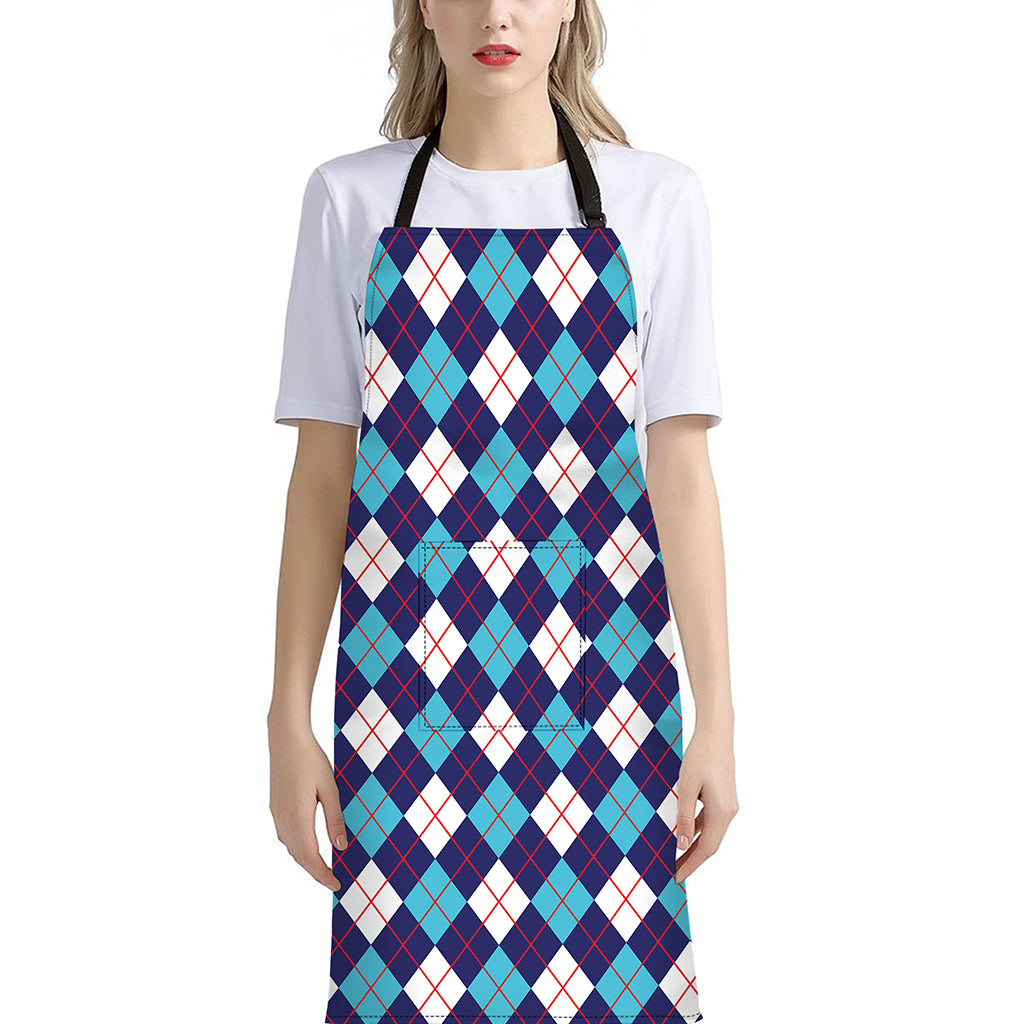 Blue White And Red Argyle Pattern Print Bib Apron With Pocket