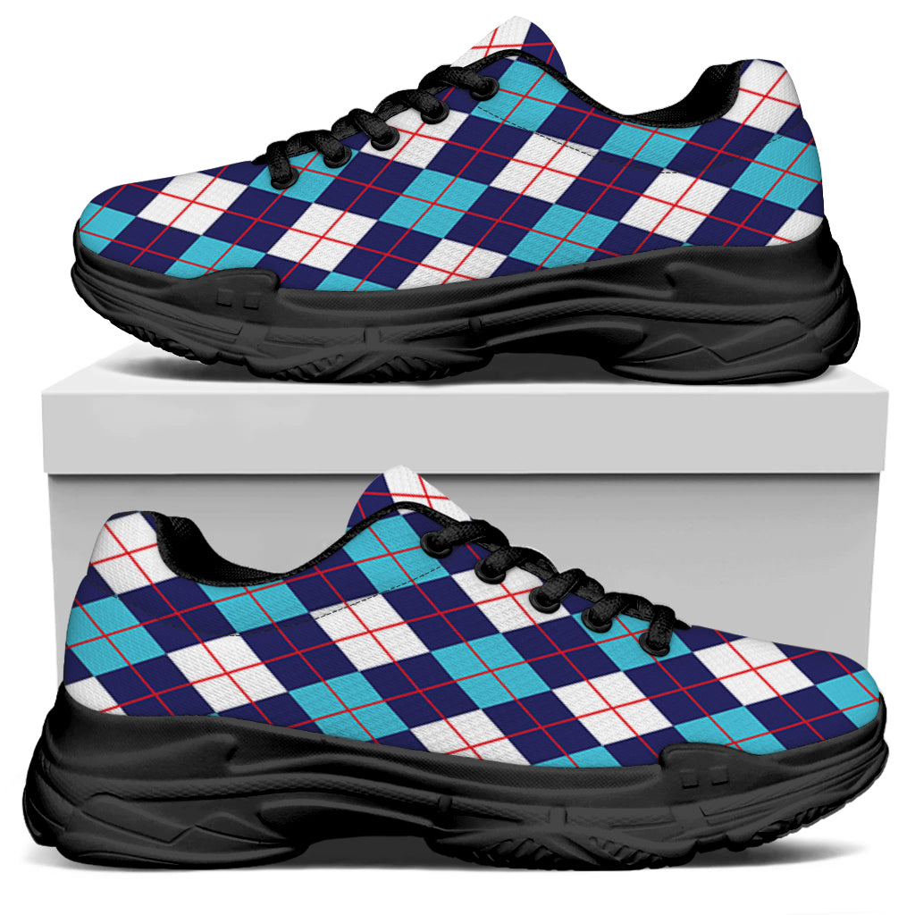 Blue White And Red Argyle Pattern Print Black Chunky Shoes