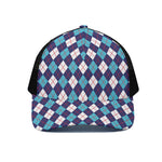 Blue White And Red Argyle Pattern Print Black Mesh Trucker Cap