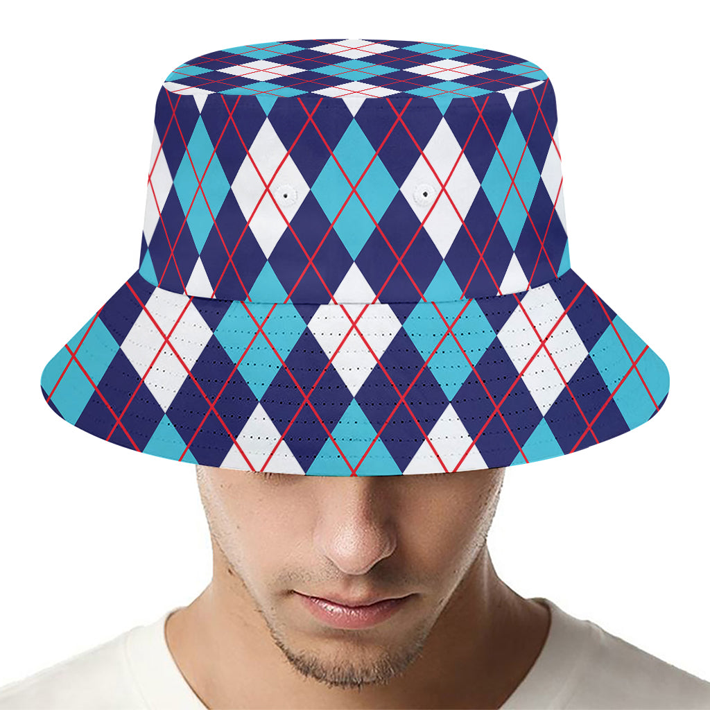 Blue White And Red Argyle Pattern Print Bucket Hat