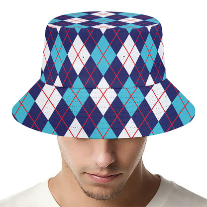 Blue White And Red Argyle Pattern Print Bucket Hat